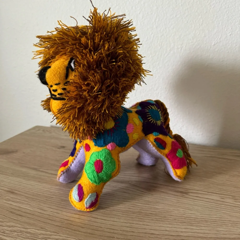 Mexican Folk Art Handmade Lion &‎ Cub Colorful Stuffed Animals Embroidered Plush